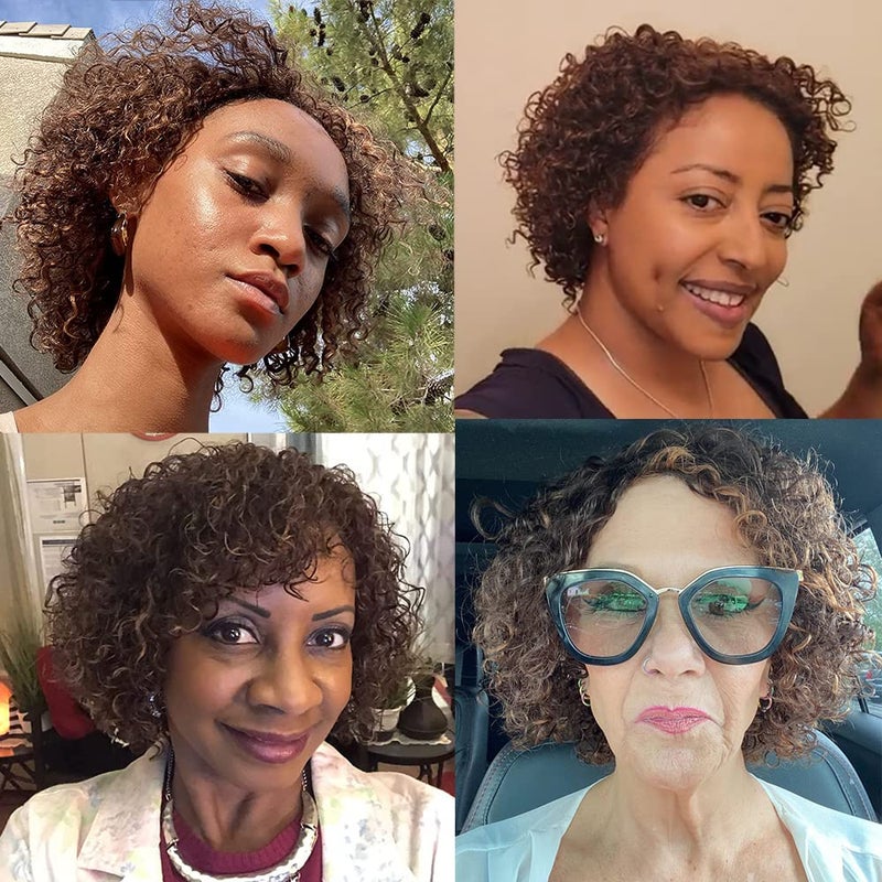 HUA Kinky Curly Short Wigs for Black Women Human Hair Chocolate Brown Mix Medium Auburn Curly Human Hair Wigs for Black Women Glueless 4/30 Color Short Wigs for Women - Image 5